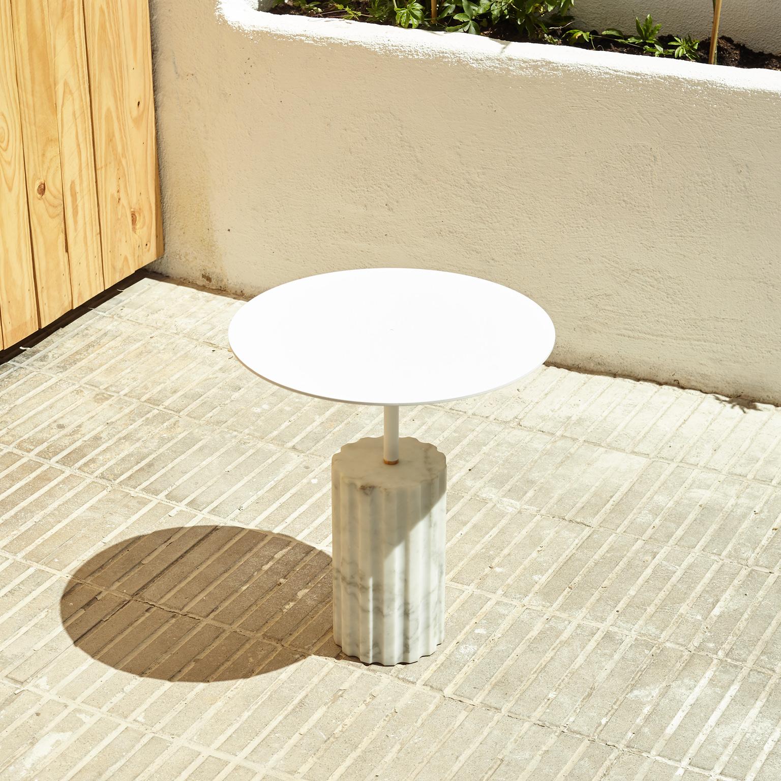 Aluminum White Carrara Marble Minimalist Round Side Table “Column Side Table Round XL” For Sale