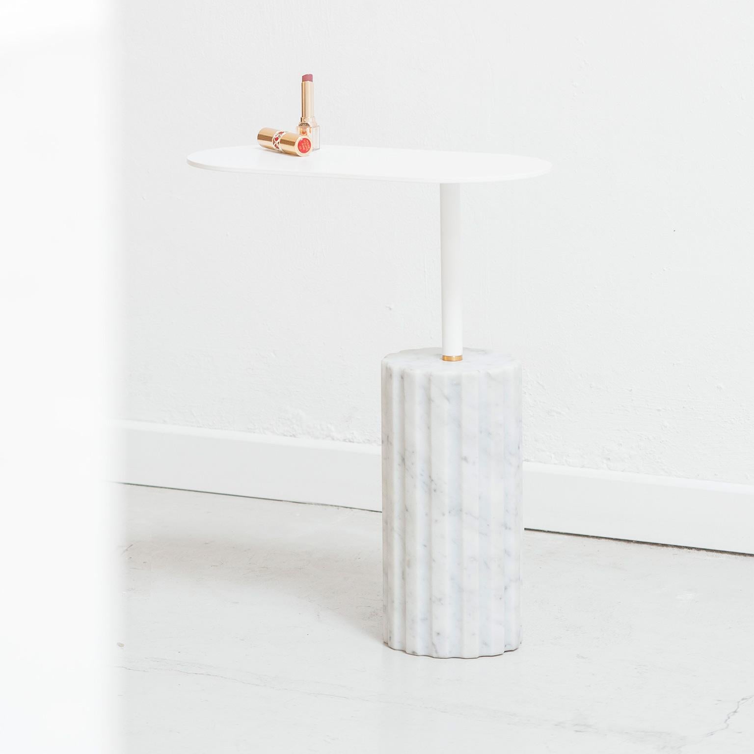 Brass “Column Side Table Small” White Carrara Marble Minimalist Side Table For Sale