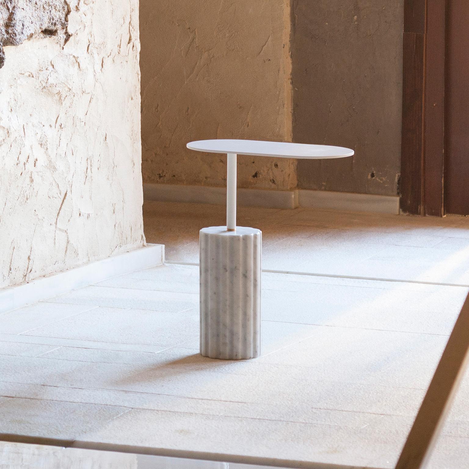 “Column Side Table Small” White Carrara Marble Minimalist Side Table For Sale 2