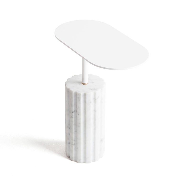 Lacquered “Column Side Table Small” Minimalist Carrara Marble Side Table by Aparentment For Sale