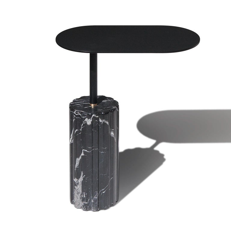 Lacquered “Column Side Table Small” Minimalist Marquina Marble Side Table by Aparentment