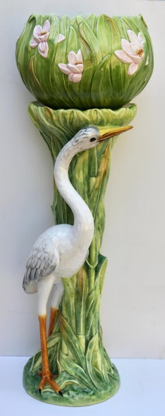 Two Columns with Heron and Planter in the Style of Delphin Massier