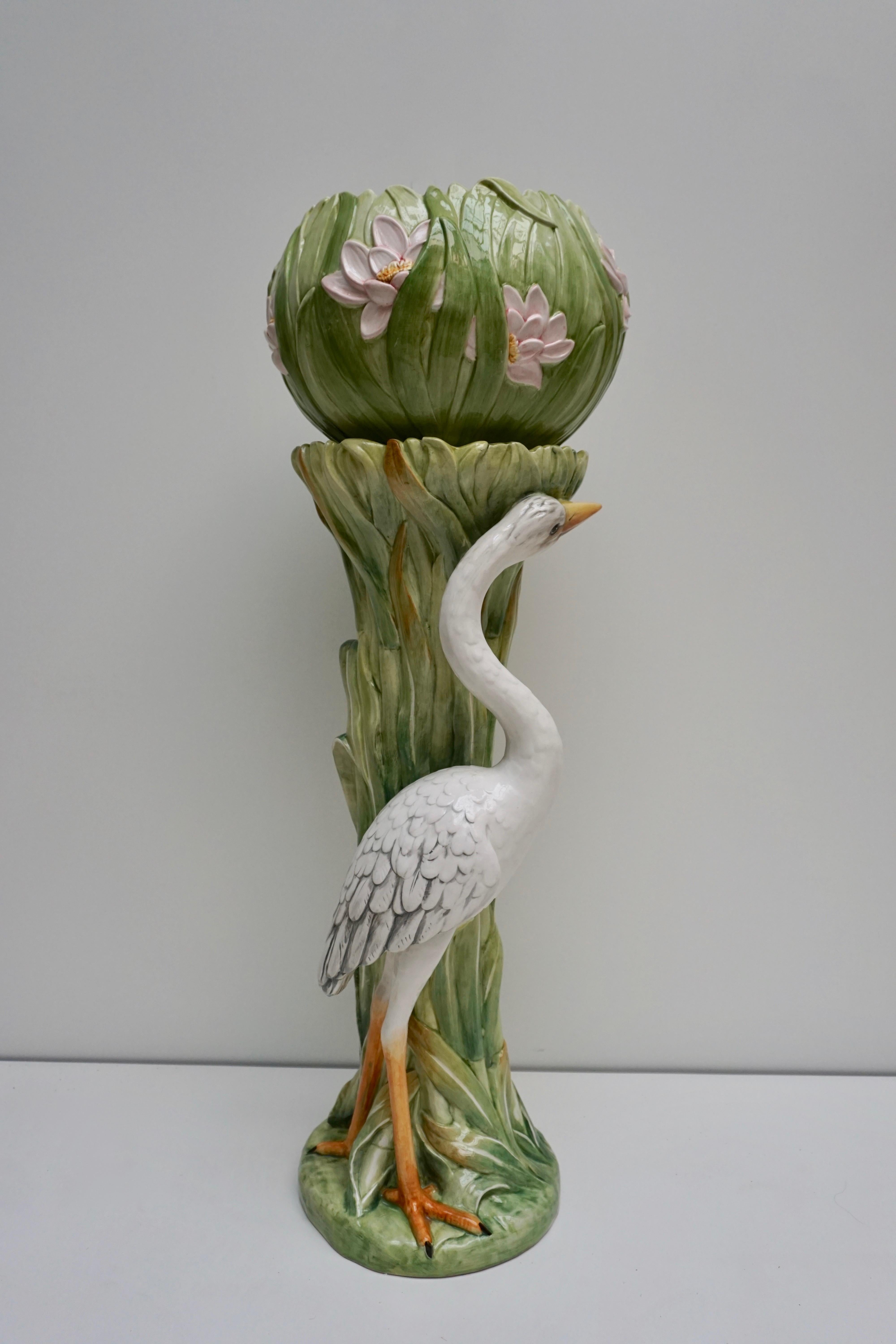 Earthenware Column with Heron and Planter in the Style of Delphin Massier