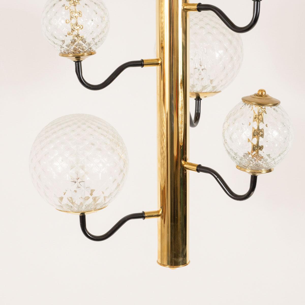 Columnar Brass Chandelier with Glass Globes For Sale 5