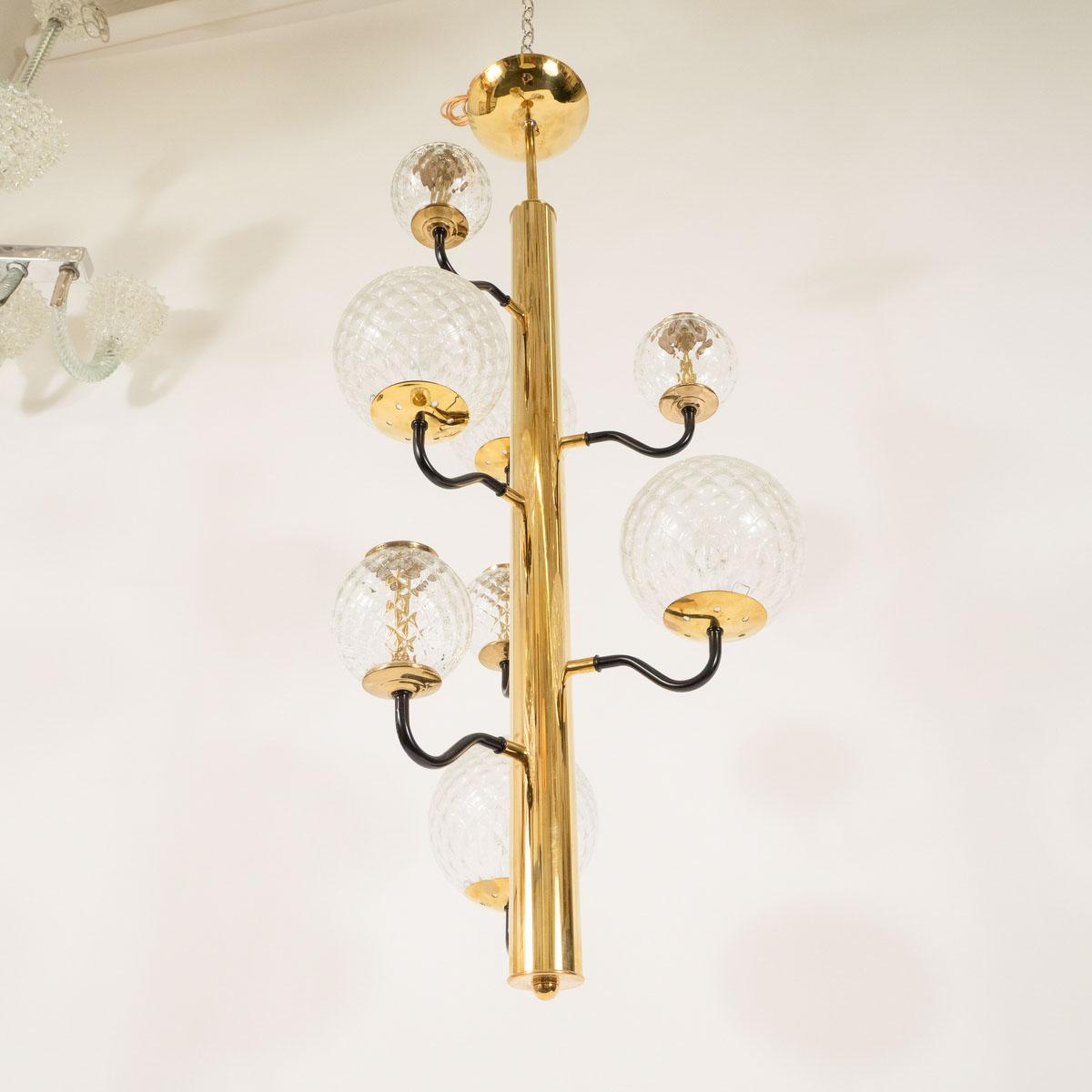 Mid-Century Modern Columnar Brass Chandelier with Glass Globes For Sale