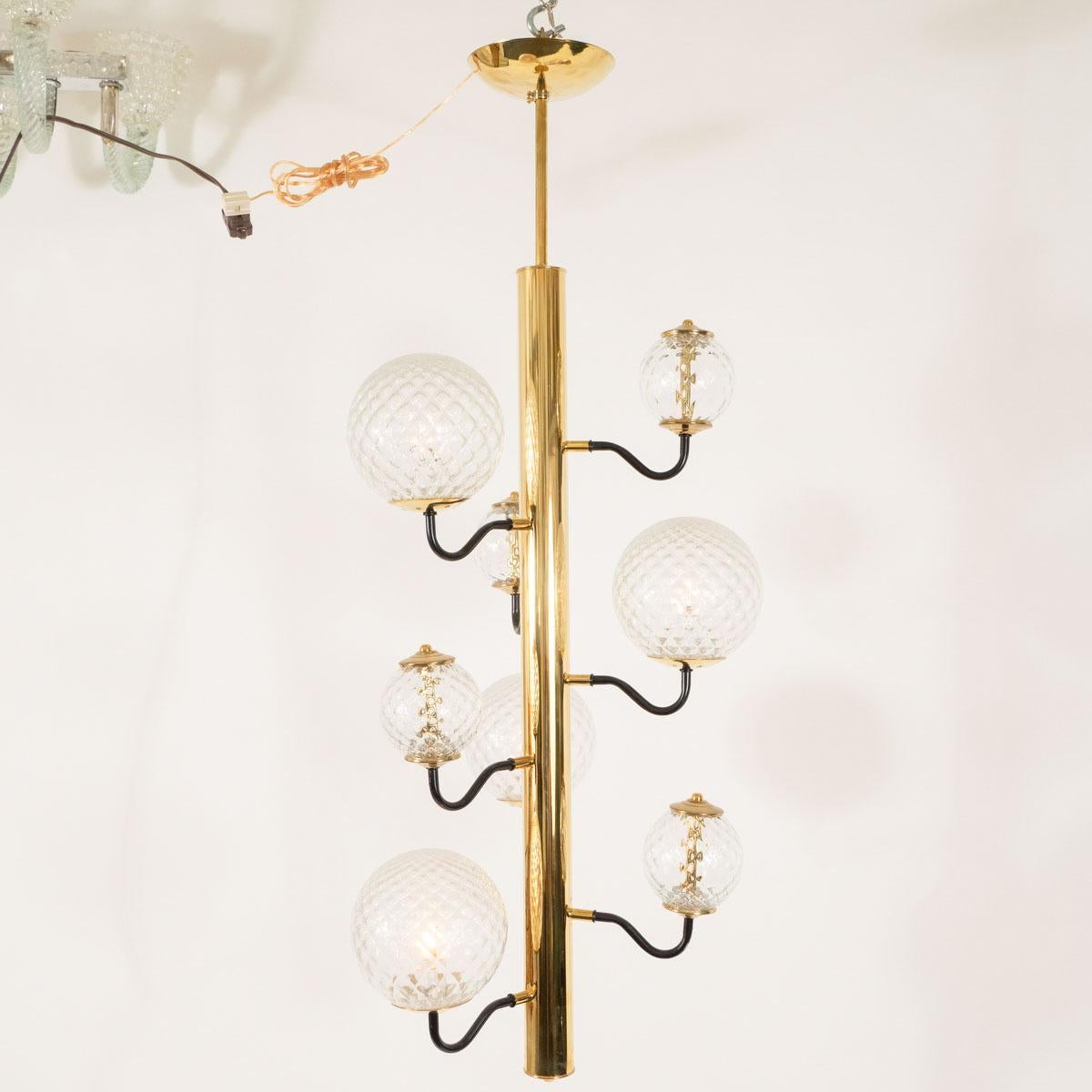 Italian Columnar Brass Chandelier with Glass Globes For Sale