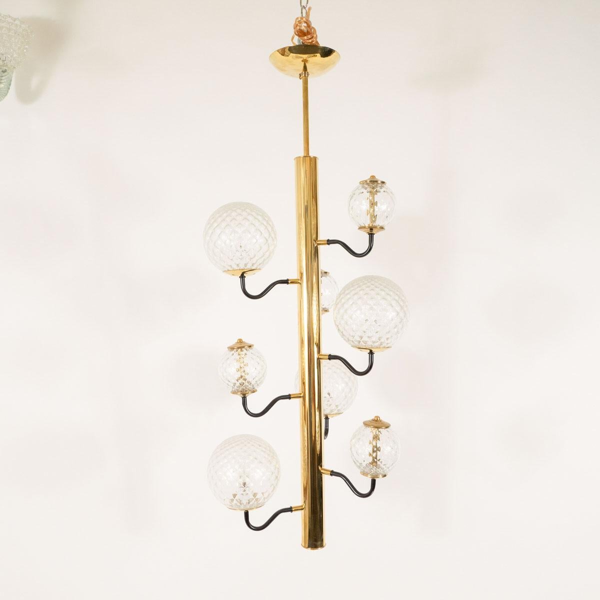 Columnar Brass Chandelier with Glass Globes In Good Condition For Sale In Tarrytown, NY