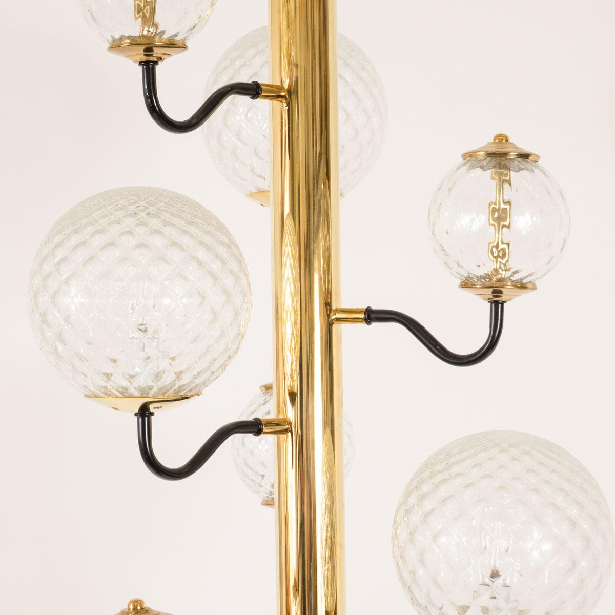 Columnar Brass Chandelier with Glass Globes For Sale 2