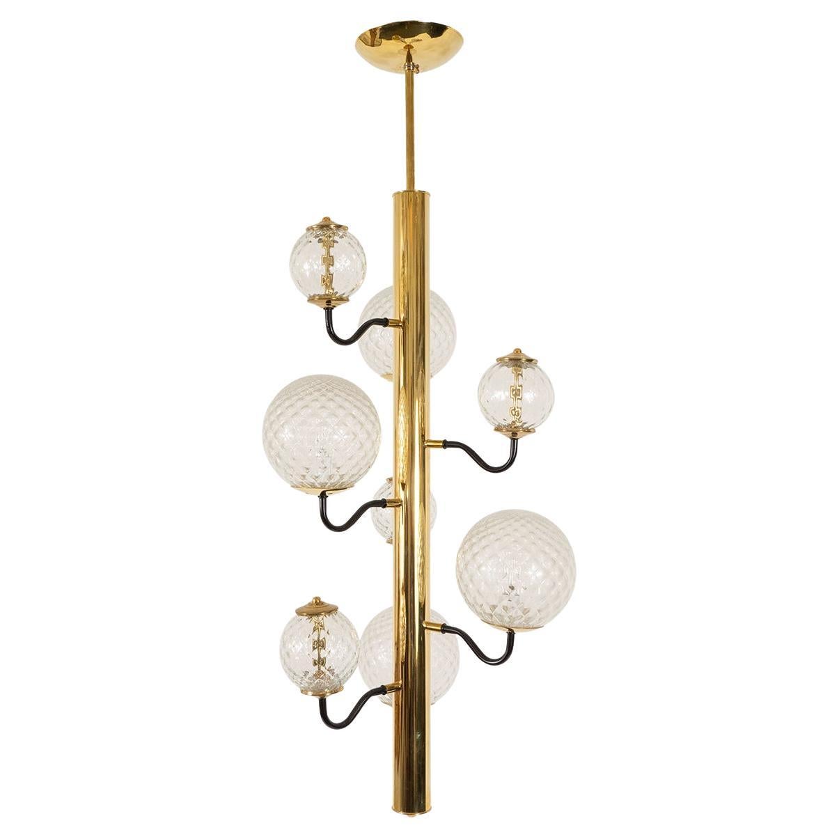 Columnar Brass Chandelier with Glass Globes