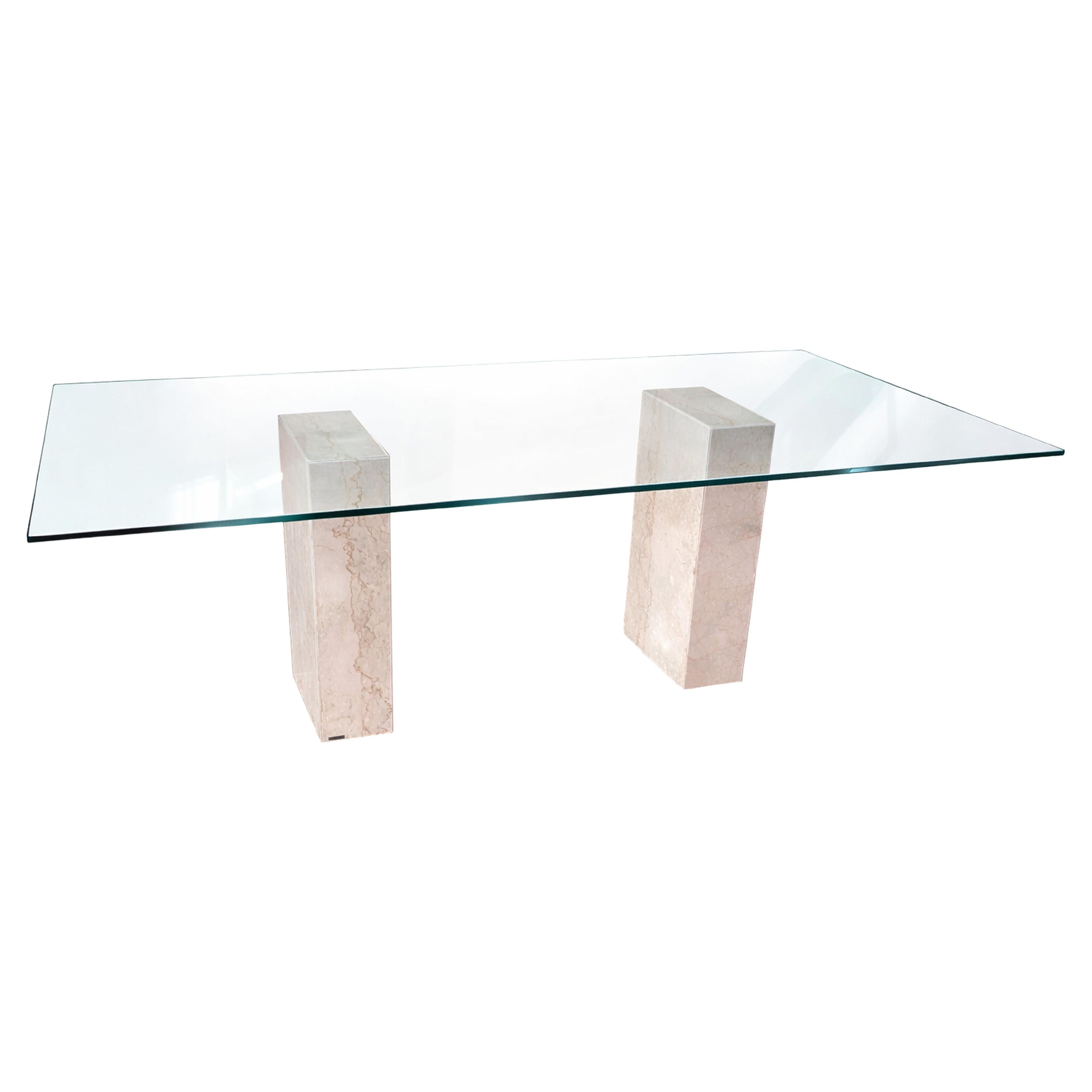 Columns Dining Table Boticcino Italian Marble Bases & Glass Top Modern Design