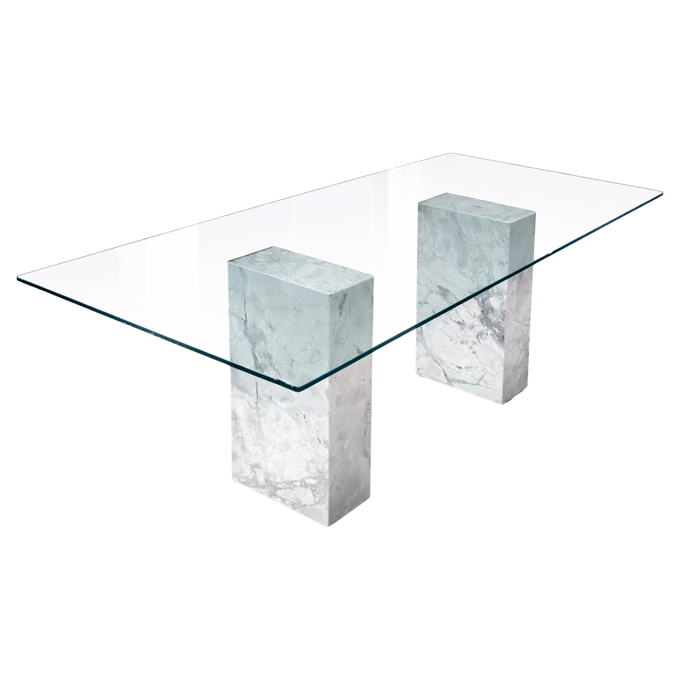 Columns Dining Table Portobello Italian Marble Bases & Glass Top Design Spain For Sale
