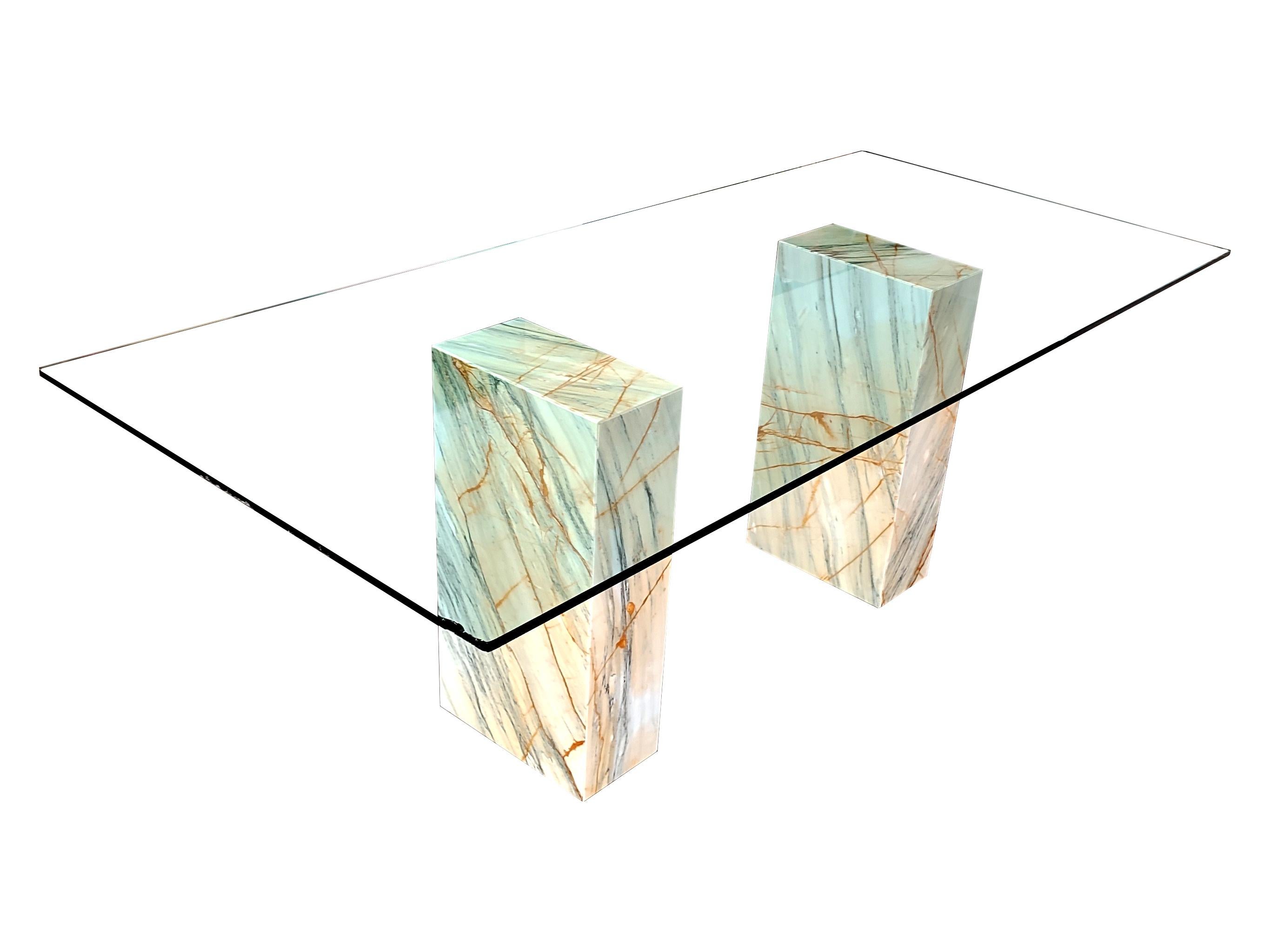 Modern Columns Dining Table with Calacatta Italian Marble Base & Crystal Top Made Spain For Sale