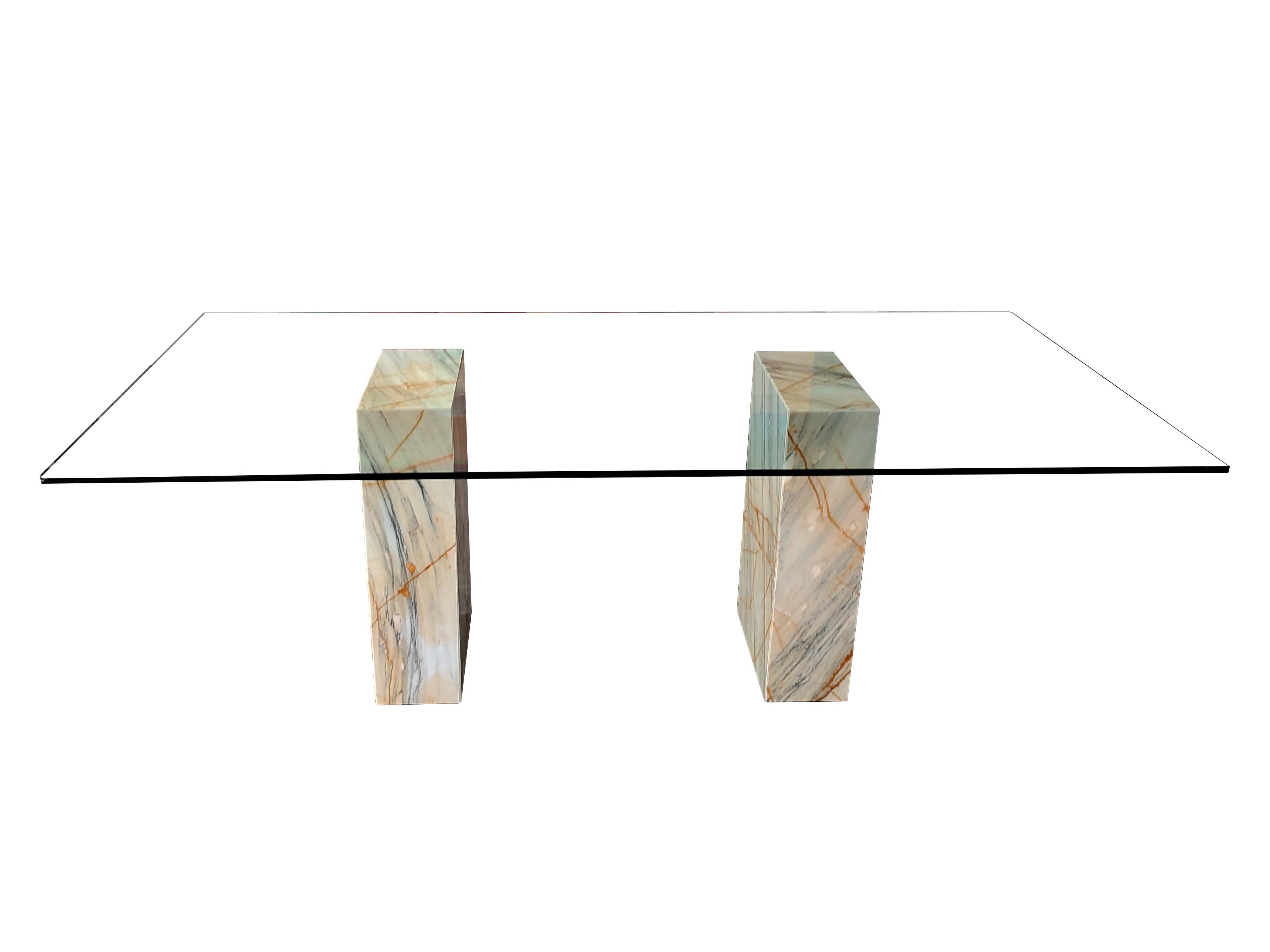Spanish Columns Dining Table with Calacatta Italian Marble Base & Crystal Top Made Spain For Sale