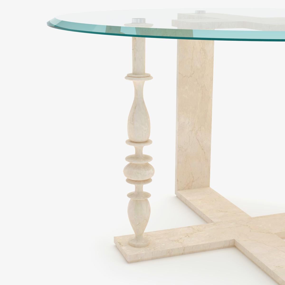 The main feature of the Columns Frame table is given by the table legs, made entirely of Bianco Veselye marble, which take the shape of a column and therefore outline a classic style. 

The two opposite legs, which are simple and linear, create a