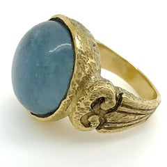 "Columns" Ring in Hammered 14K Gold with 21ct Stormy Blue Aquamarine Cabochon