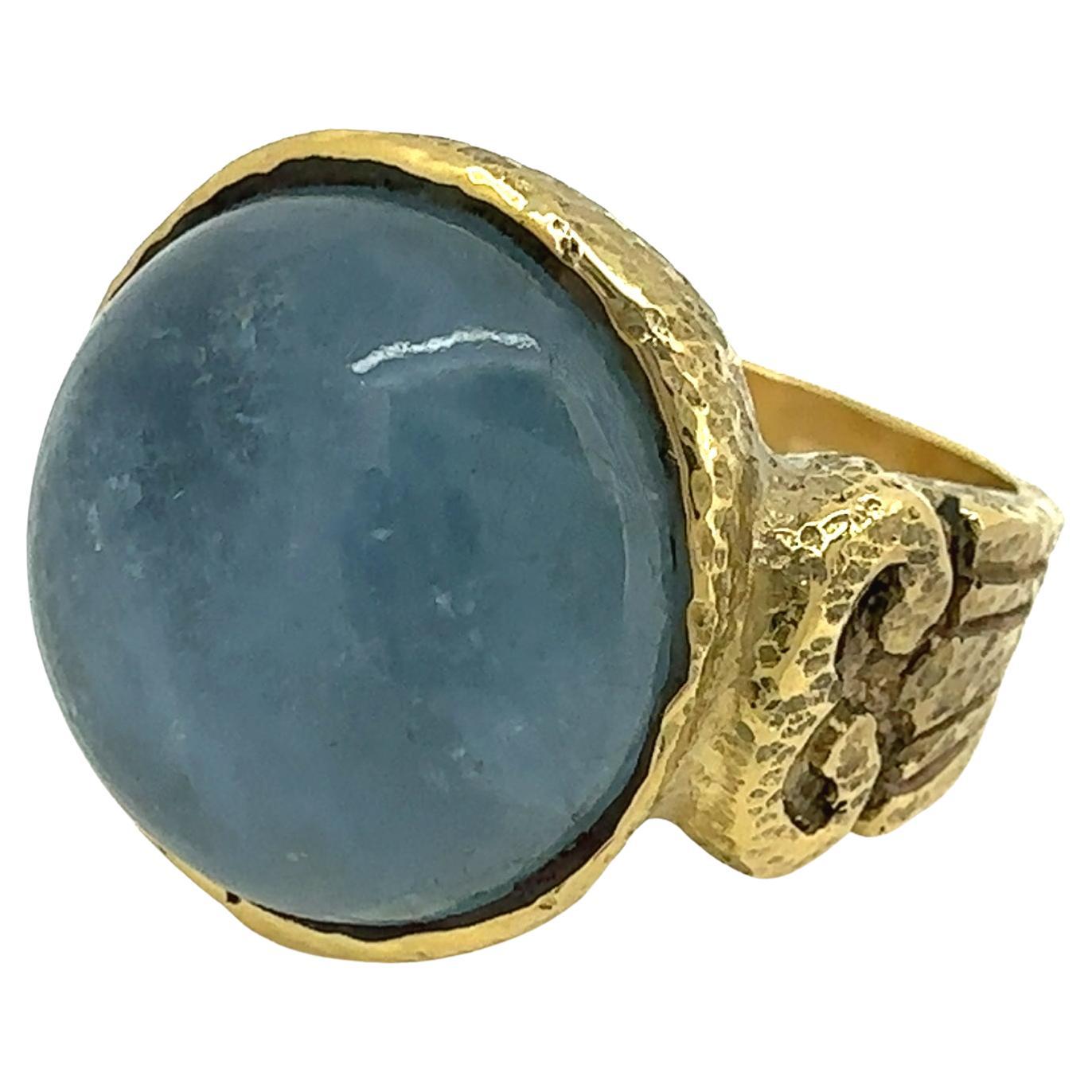 "Columns" Ring in Hammered 14K Gold with 21ct Stormy Blue Aquamarine Cabochon