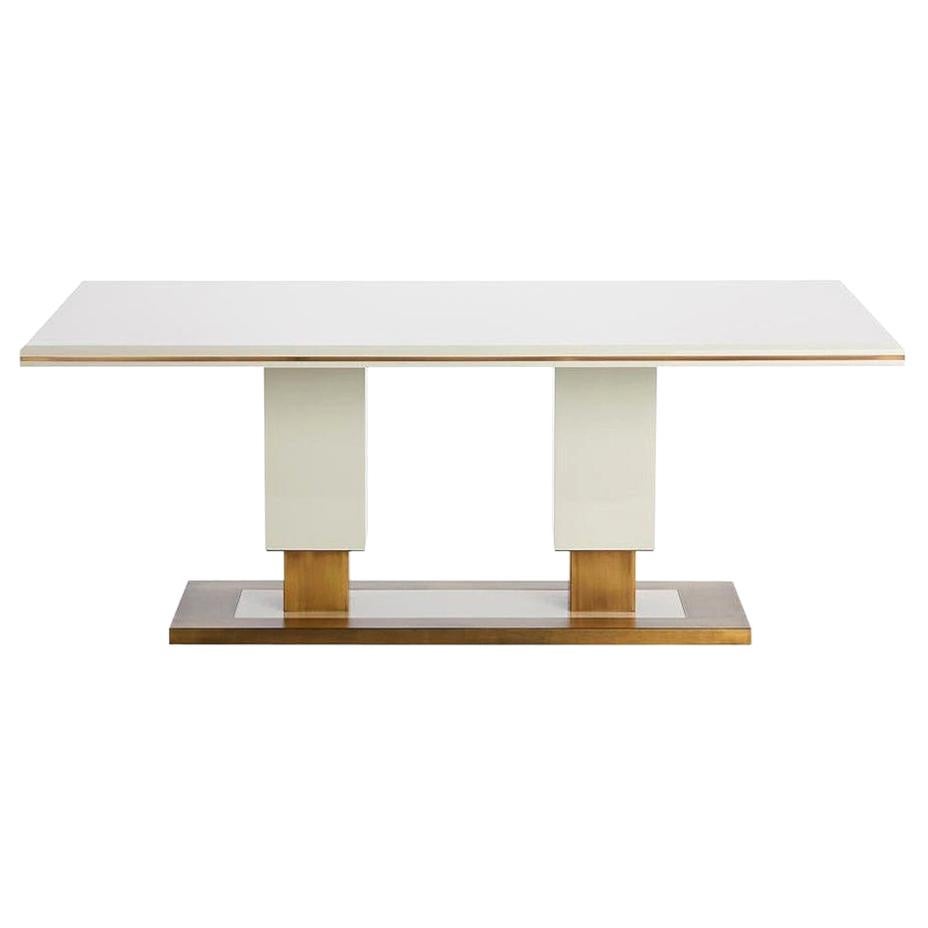 Coluna Dining Table White Glossy Lacquered with Antique Brass Base and Trims