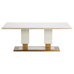 Coluna Dining Table White Glossy Lacquered with Antique Brass Base and Trims