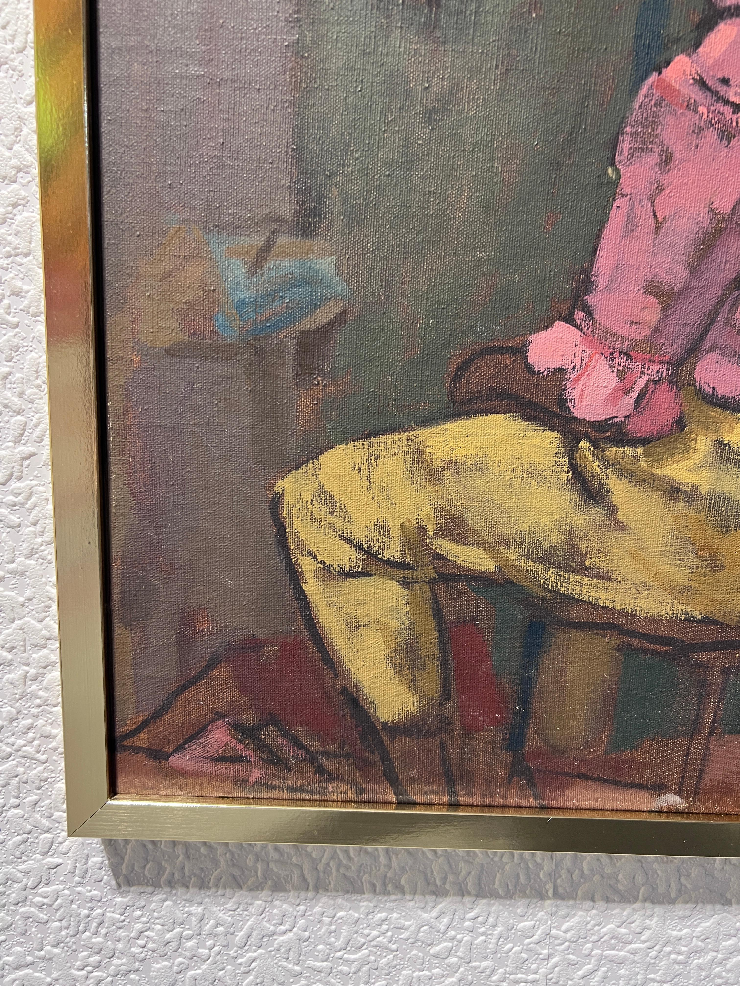 This is a one-on-kind vintage oil painting on canvas depicting two figures.

Presented in a nice gold frame  The painting is in good vintage condition. Please see the photos.

Measures framed  37.5