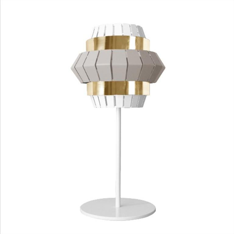 Lacquered Contemporary Art Deco Inspired Comb Table Lamp Taupe, Ivory and Polished Brass For Sale