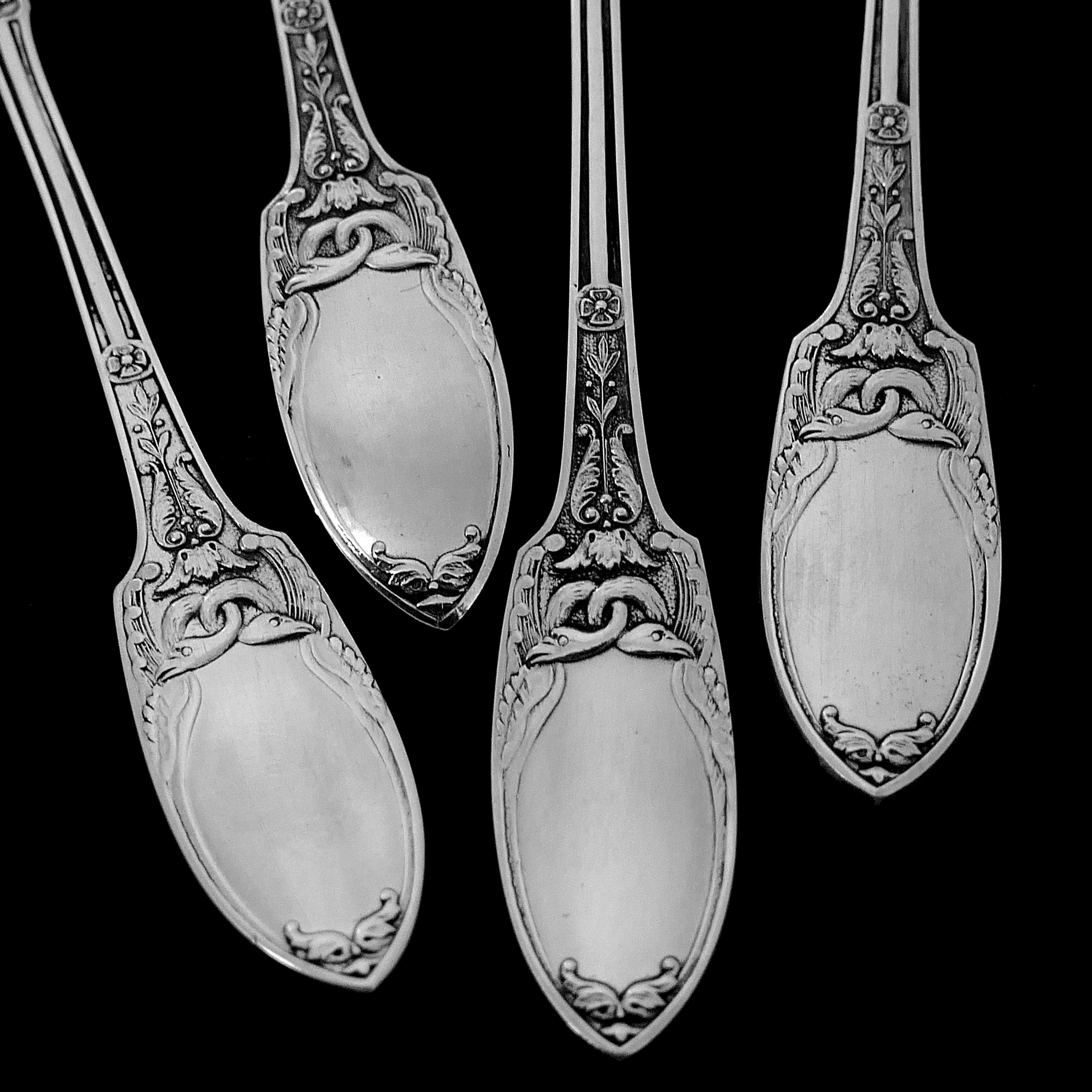 Early 20th Century Combeau Rare French All Sterling Silver Dessert Set 4 Pc, Empire, Swans For Sale