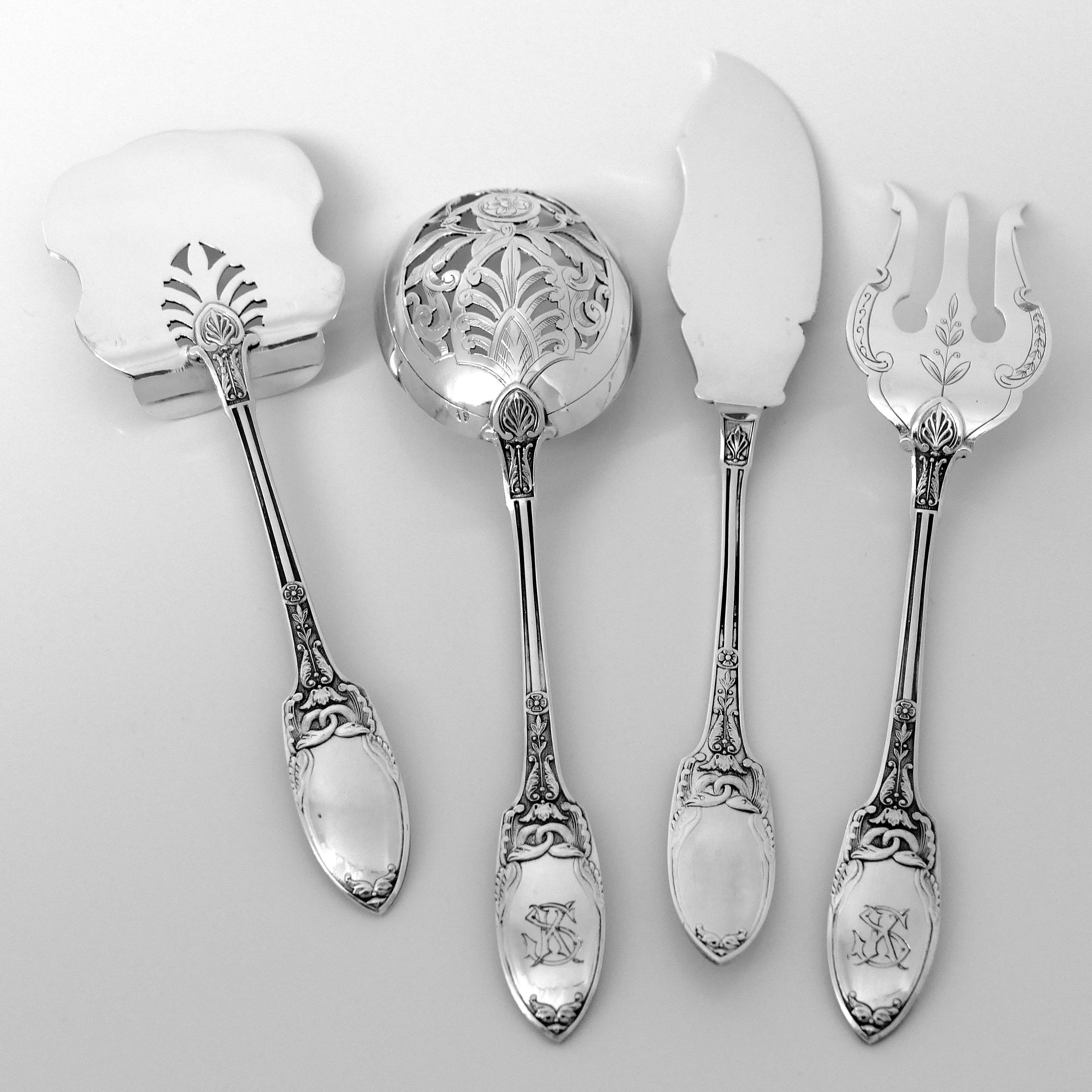 Combeau Rare French All Sterling Silver Dessert Set 4 Pc, Empire, Swans For Sale 5