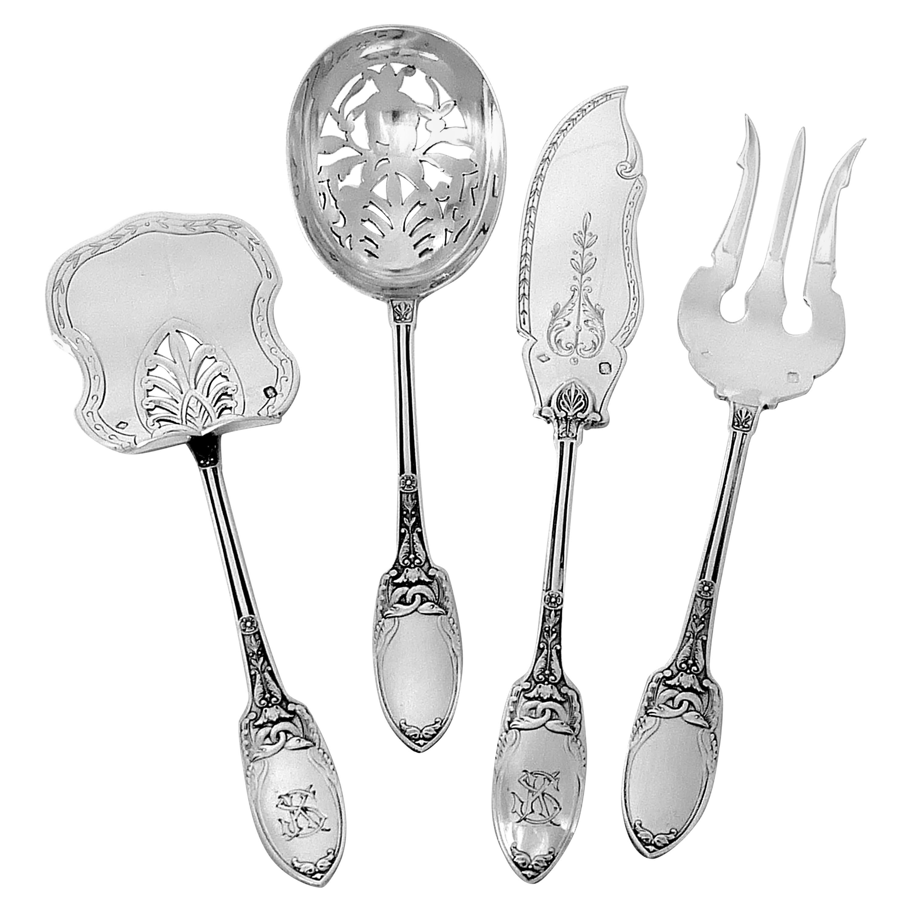 Combeau Rare French All Sterling Silver Dessert Set 4 Pc, Empire, Swans For Sale