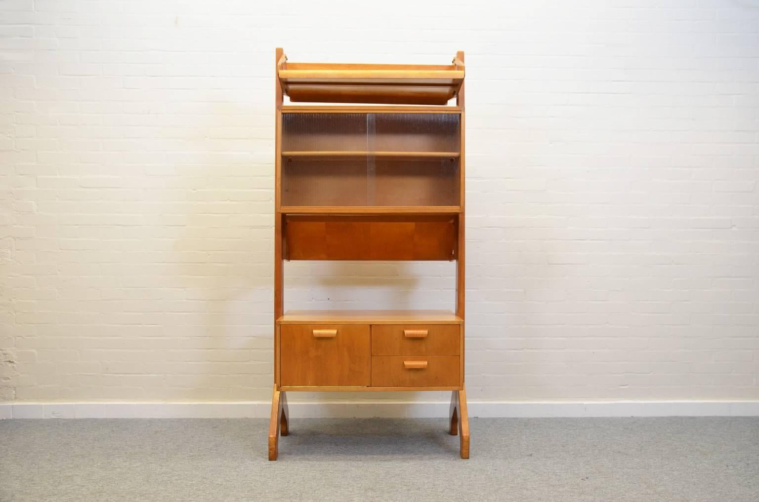 Midcentury beech room divider made from the Combex series (model BB06) by Cees Braakman. Mostly seen as a wall cabinet but this model is designed as room divider with cabinets and shelves which can be used on both sides. Marked 'Pastoe' on the