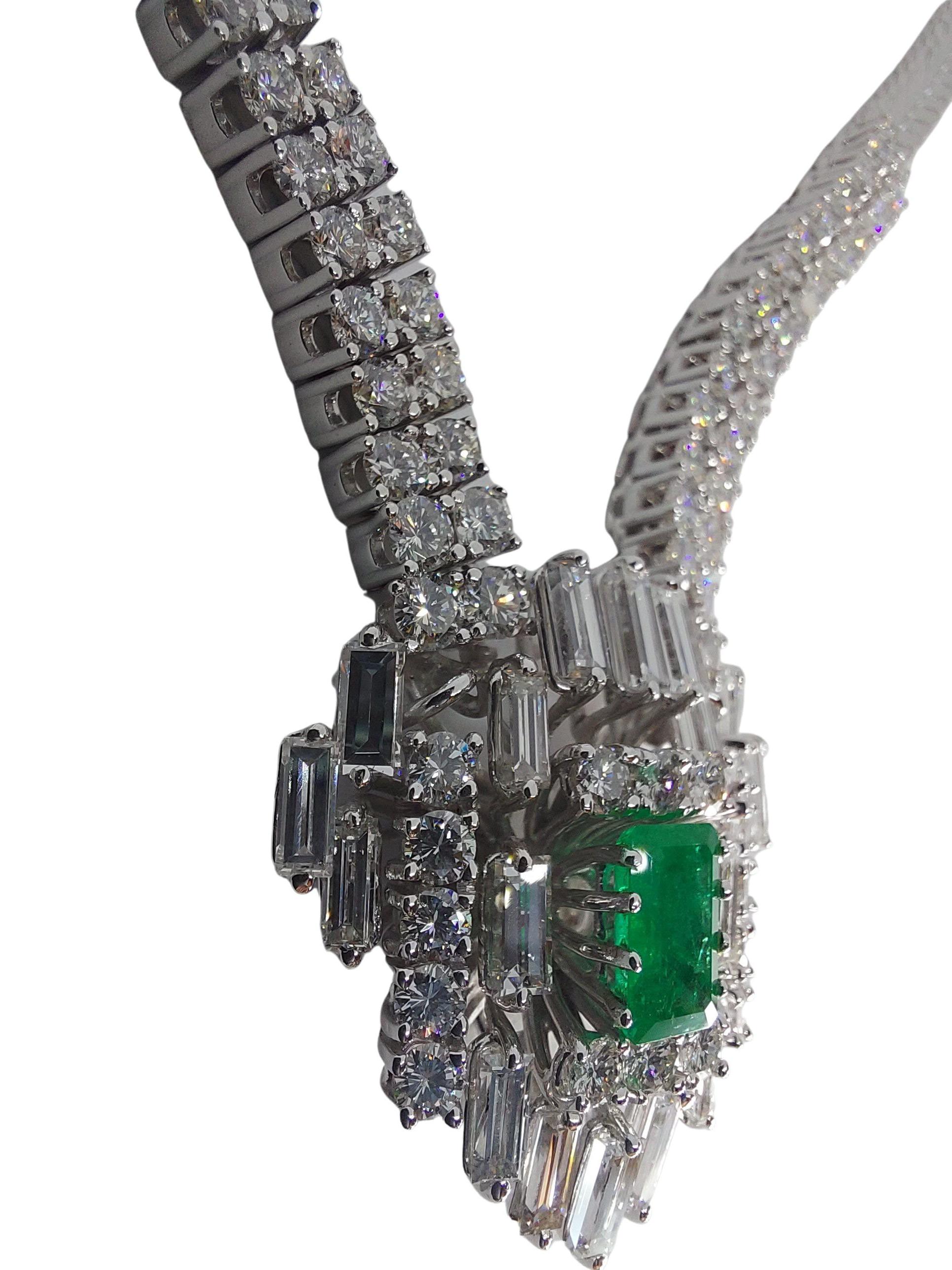 Artisan Colombian Emerald V-Necklace Set with Baguette and Brilliant Diamonds