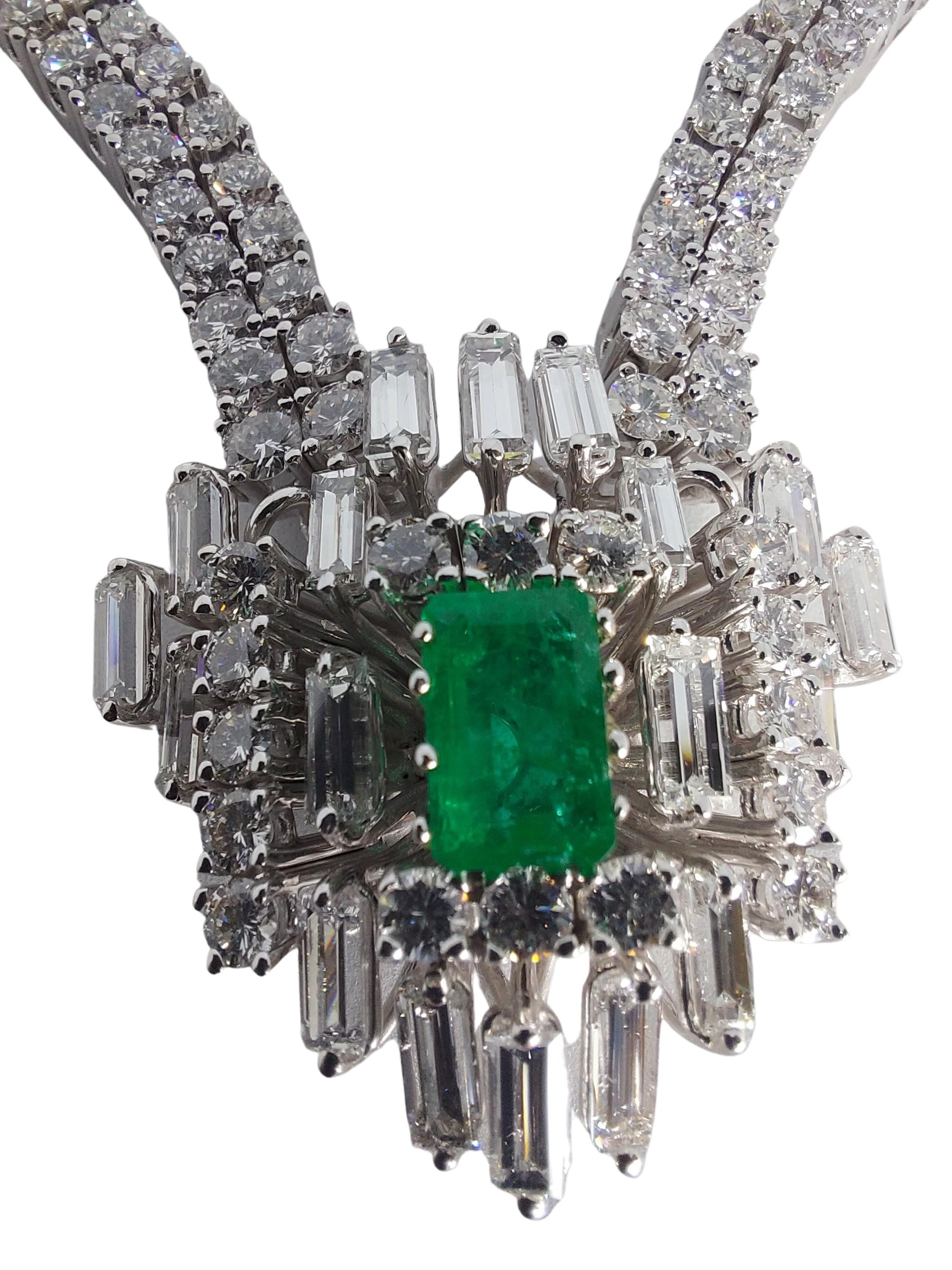 Emerald Cut Colombian Emerald V-Necklace Set with Baguette and Brilliant Diamonds