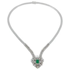 Colombian Emerald V-Necklace Set with Baguette and Brilliant Diamonds