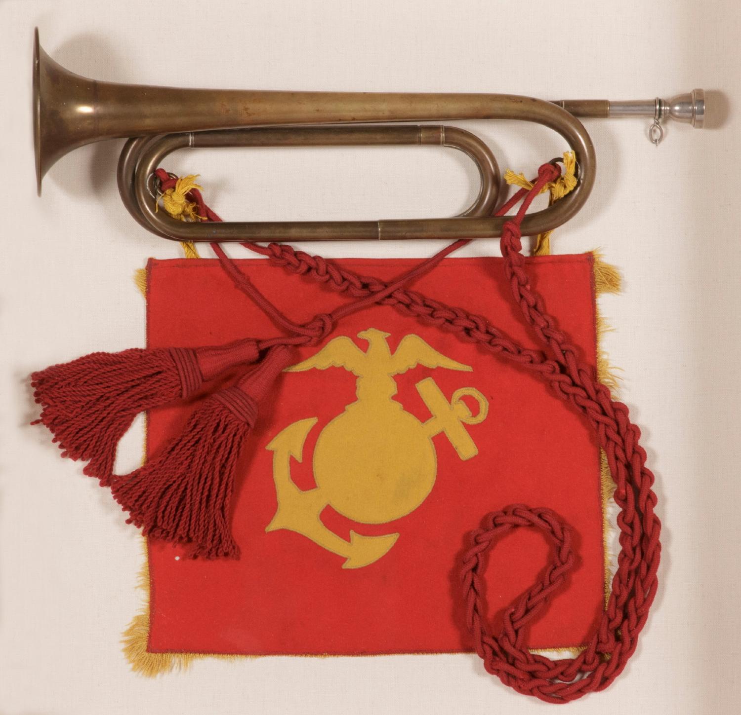 COMBINATION MARINE CORPS BUGLE, SASH, AND BANNER, WWII ERA (1941-1945), BUGLECRAFT, BROOKLYN, NEW YORK 

WWII era (U.S. involvement 1941-45) Marine Corps bugle, woolen sash, and a fringed, felted wool banner, specifically made to match and affix