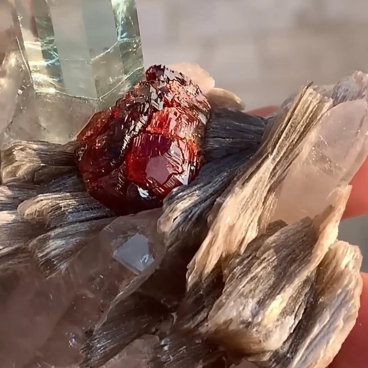 Combination Of Aquamarine On Smoky Quartz With Spessertine Garnet From Pakistan For Sale 3