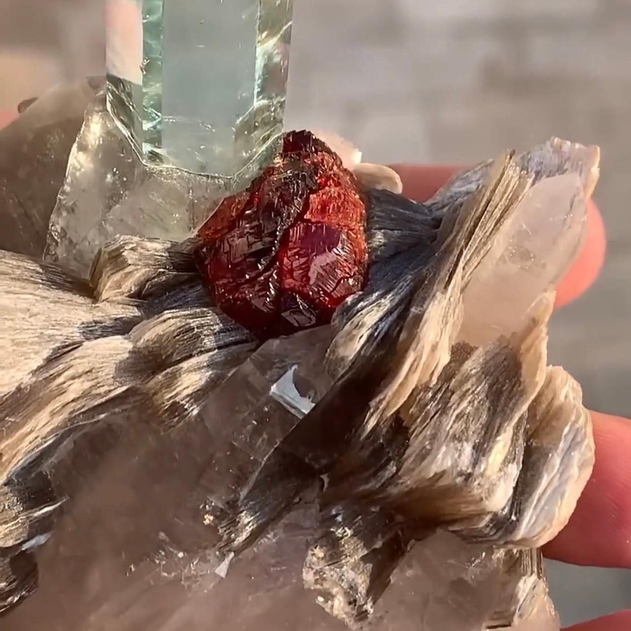 Combination Of Aquamarine On Smoky Quartz With Spessertine Garnet From Pakistan For Sale 4
