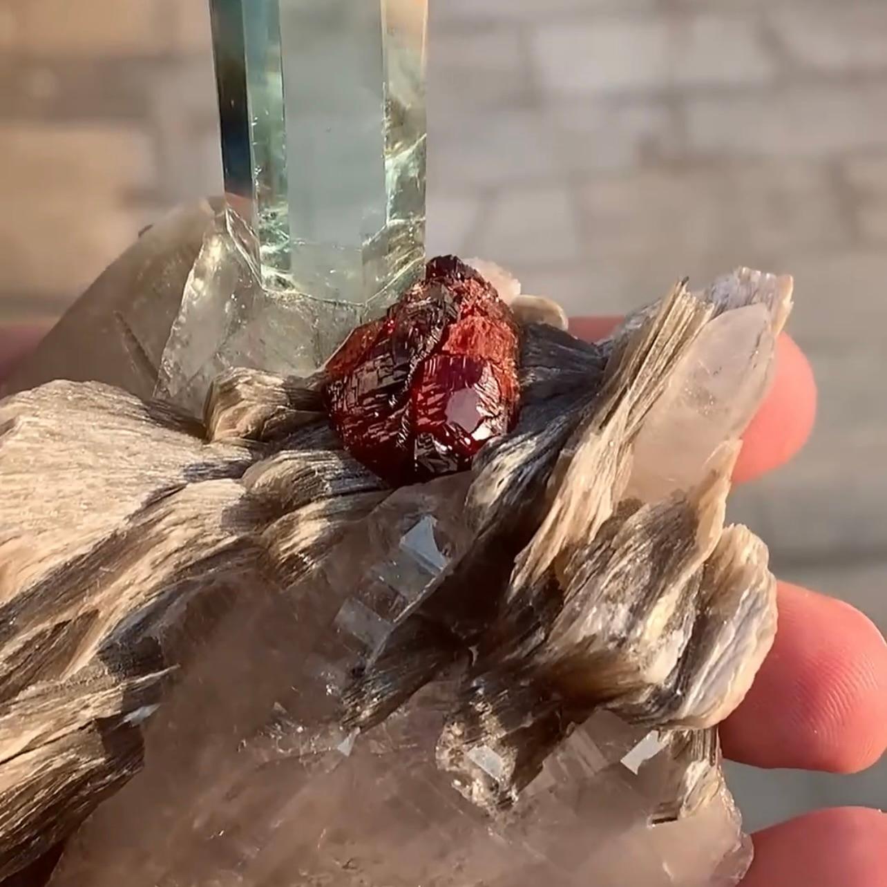 Combination Of Aquamarine On Smoky Quartz With Spessertine Garnet From Pakistan For Sale 5