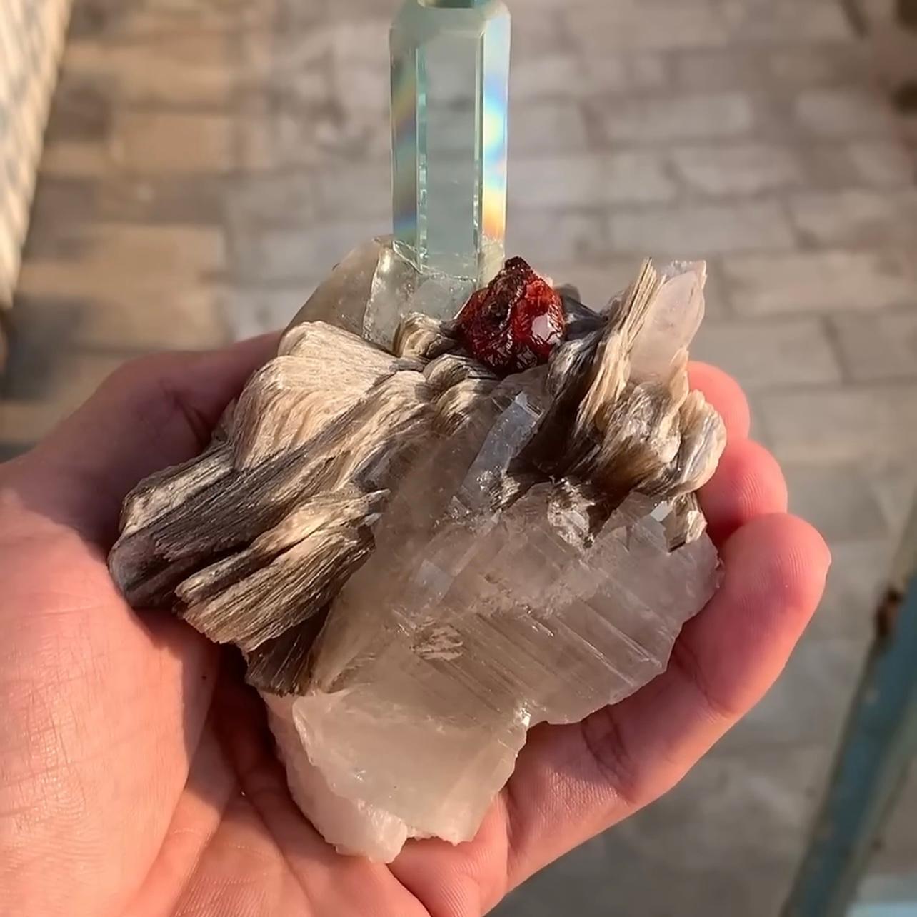Combination Of Aquamarine On Smoky Quartz With Spessertine Garnet From Pakistan For Sale 7
