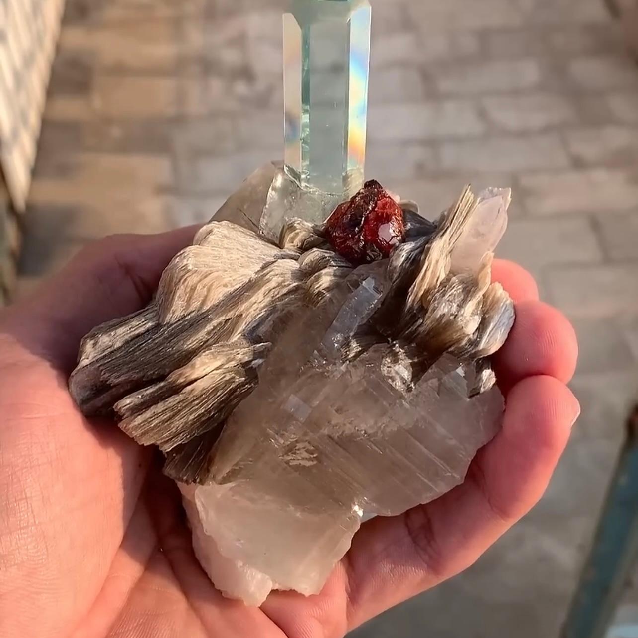 Combination Of Aquamarine On Smoky Quartz With Spessertine Garnet From Pakistan For Sale 8
