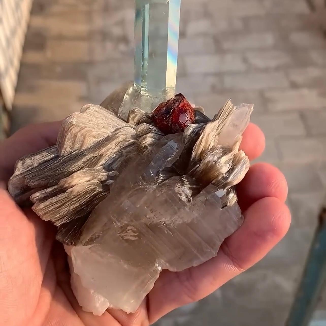 Combination Of Aquamarine On Smoky Quartz With Spessertine Garnet From Pakistan For Sale 9