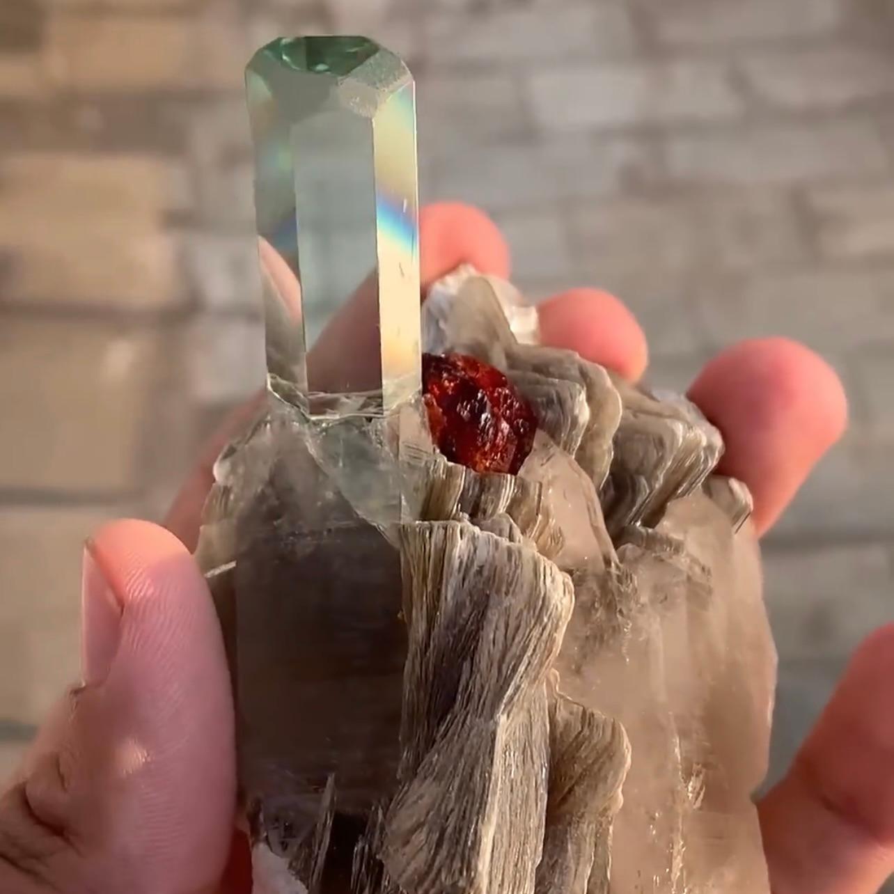 Contemporary Combination Of Aquamarine On Smoky Quartz With Spessertine Garnet From Pakistan For Sale