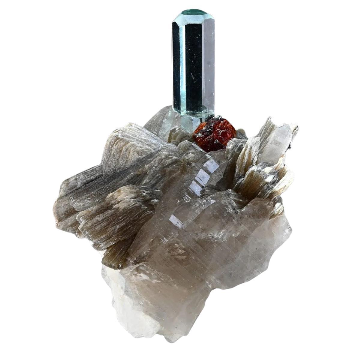Combination Of Aquamarine On Smoky Quartz With Spessertine Garnet From Pakistan