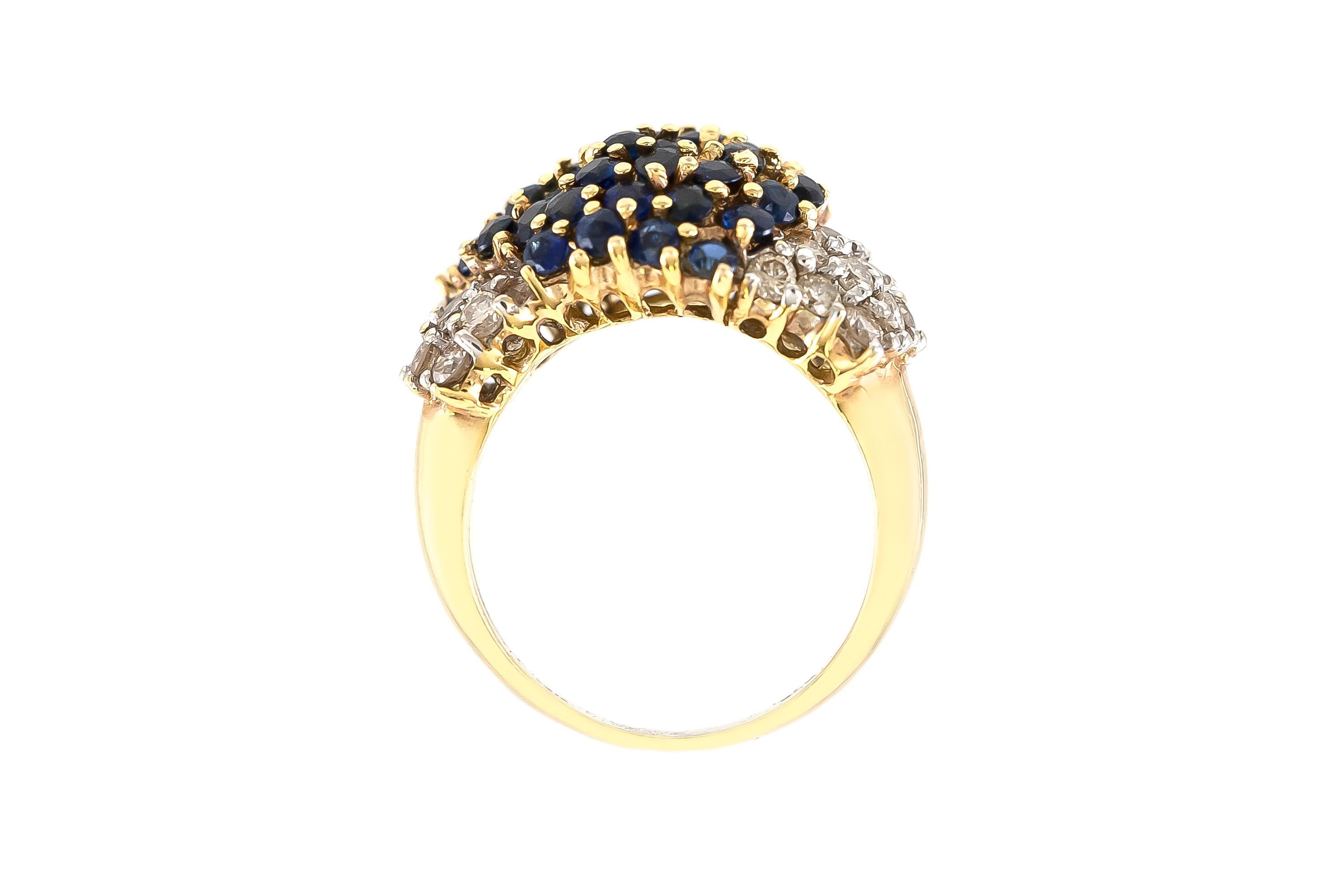The ring is finely crafted in 14k yellow gold with diamonds weighing approximately total of 1.25 carat and sapphires weighing approximately total of 2.50 carat.
Circa 1950