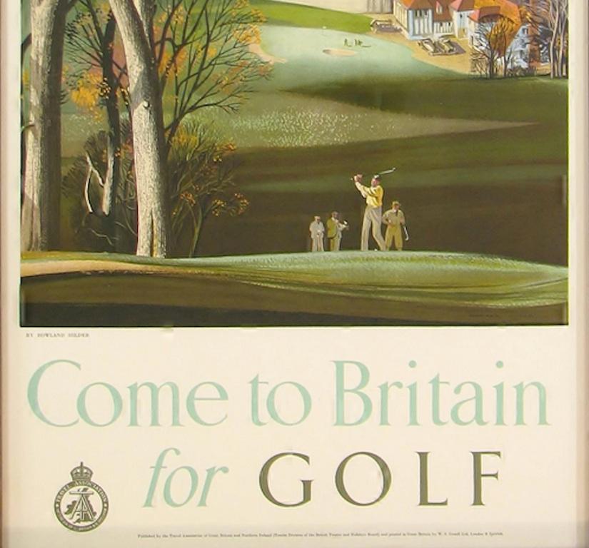 Dies ist ein 1952 Vintage Golf Reise-Poster, mit dem Titel Come to Britain for Golf von Rowland Hilder. Das lithografische Plakat wurde von der Travel Association of Great Britain and Northern Ireland herausgegeben, um Großbritannien als Urlaubsziel