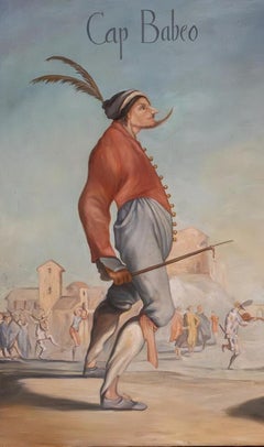 Scène de Comedia dell' Arte. Cucuba buvant le thé du capitaine Babeo de style  Jacques Callot