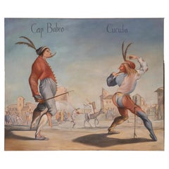 Scène de Comedia dell' Arte. Cucuba buvant le thé du capitaine Babeo de style  Jacques Callot