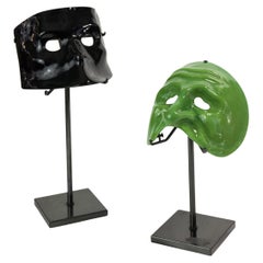 Comedy and tragedy Murano glass masks on stands Venini & Co Green and Black