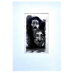 "Comedy and Tragedy" original wood engraving on paper signed by Stefan Martin