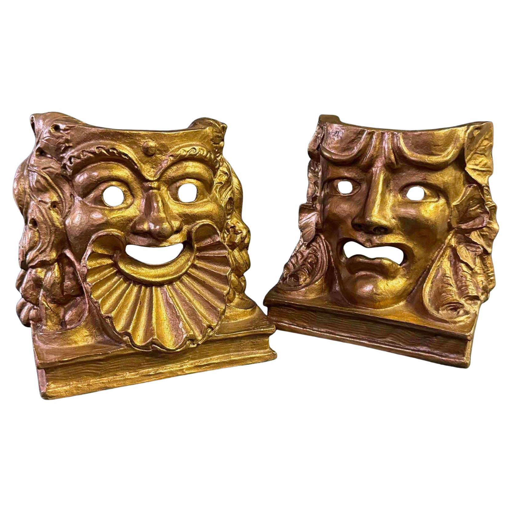 "Comedy and Tragedy", Pair of Gilded Bronze Bookends Celebrating Theatre, 1922 For Sale