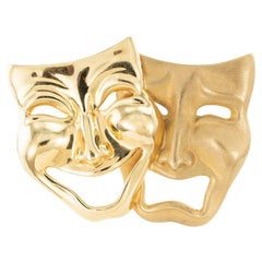 Comedy Tragedy Masks Yellow Gold Brooch