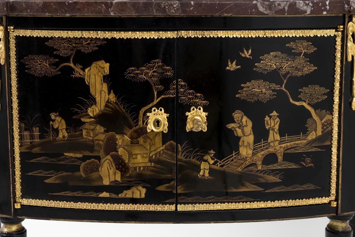 Bronze Comelli, Chinese Style Lacquered Louis XVI Style Small Commode, 1950s