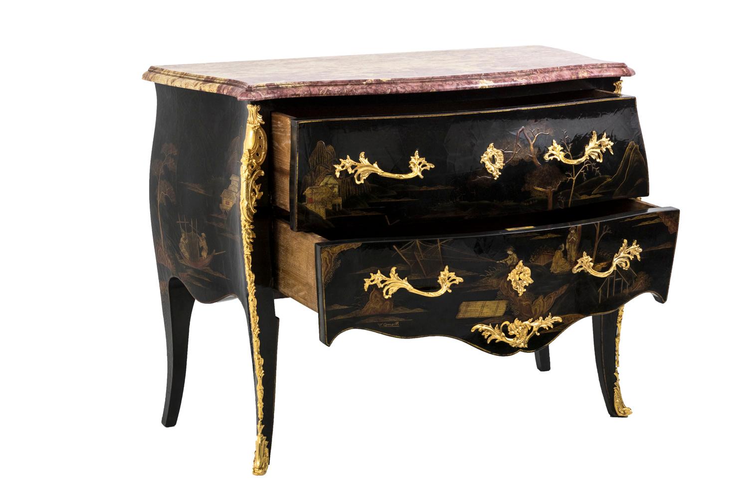 European Comelli, Louis XV Style Commode, Chinese Style Lacquer, 1950s